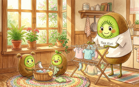 Illustration Petit Kiwi : maman kiwi étend des vêtements d'enfants en seconde main, scène domestique chaleureuse aux couleurs pastel.