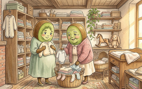Famille kiwi-fruit dans la boutique Petit Kiwi à Eghezée, préparant ensemble l'arrivée de bébé avec des vêtements et articles de puériculture en seconde main, illustration aquarelle style Ghibli