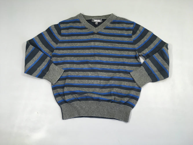 Pull gris rayé bleu col V, moins cher chez Petit Kiwi