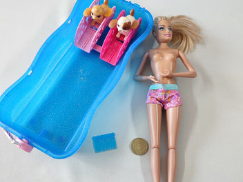 BARBIE en short + piscine pour chiens + 2 chiens