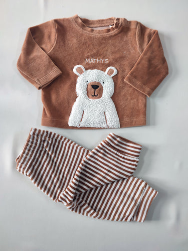 Pyjama 2pcs velours brun ourson "Mathys"/ligné blanc et brun, moins cher chez Petit Kiwi