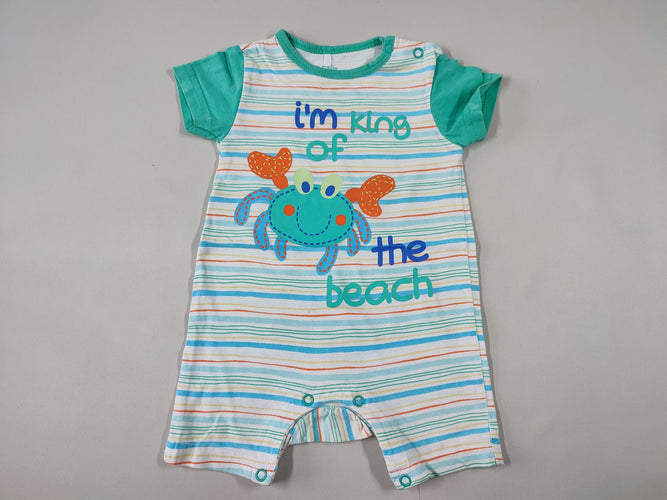 Combishort jersey lignée blanche/bleue/jaune/verte/orange crabe "I'm king of the beach", moins cher chez Petit Kiwi