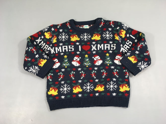 Pull de Noël bleu foncé bonhomme de neige, moins cher chez Petit Kiwi