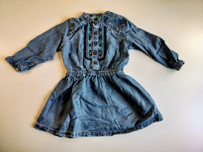 Robe ml denim, broderies roses, bleues, moins cher chez Petit Kiwi