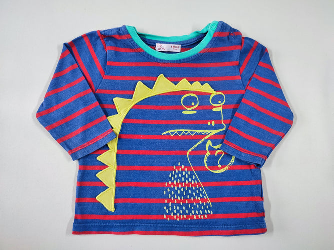 T-shirt m.l bleu ligné rouge dinosaure, moins cher chez Petit Kiwi