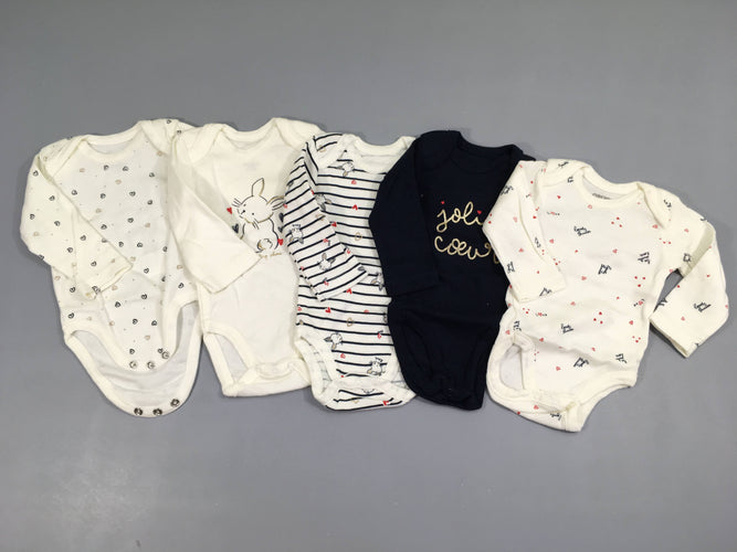 Lot de 4 bodies m.l blanc motifs/bleu rayé/bleu foncé/coeurs, moins cher chez Petit Kiwi