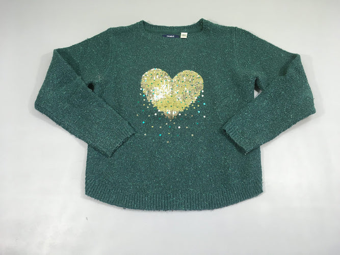 Pull vert foncé coeur sequins, légèrement bouloché, moins cher chez Petit Kiwi