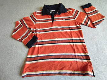 Polo m.l jersey ligné bleu marine, blanc, orange