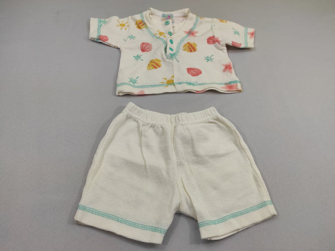 Ensemble 2 pcs T-shirt m.c blanc motifs poissons, coquillages,...et Pantalon blanc texturé, moins cher chez Petit Kiwi