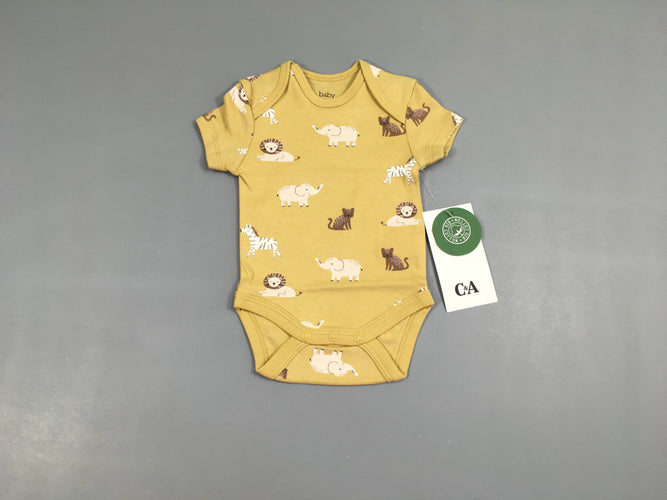 NEUF body m.c jaune animaux, coton bio, moins cher chez Petit Kiwi