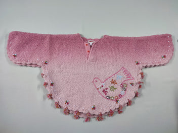 Gilet poncho mailles rose broderie oiseau fleur