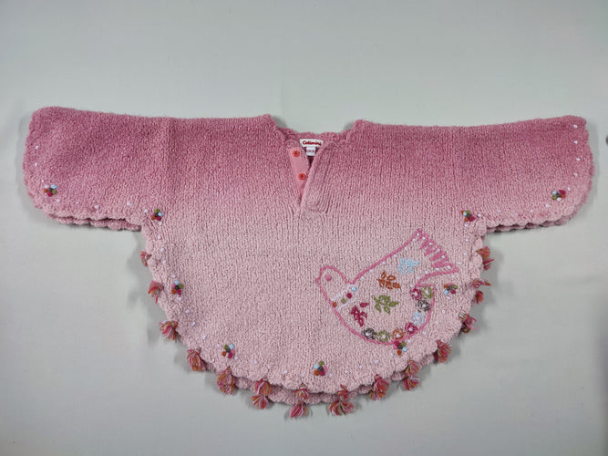 Gilet poncho mailles rose broderie oiseau fleur, moins cher chez Petit Kiwi