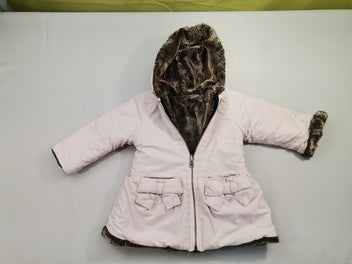 Manteau réversible vieux rose à capuche - 2 poches noeud - intérieur fausse fourrure marron