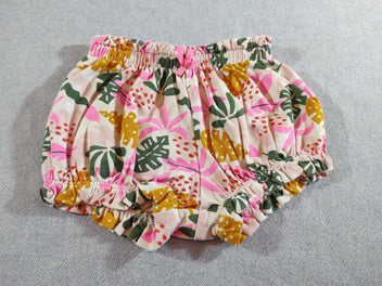 Short jersey blanc motifs feuilles jaunes, roses, verts  taille et  dessous élastiques