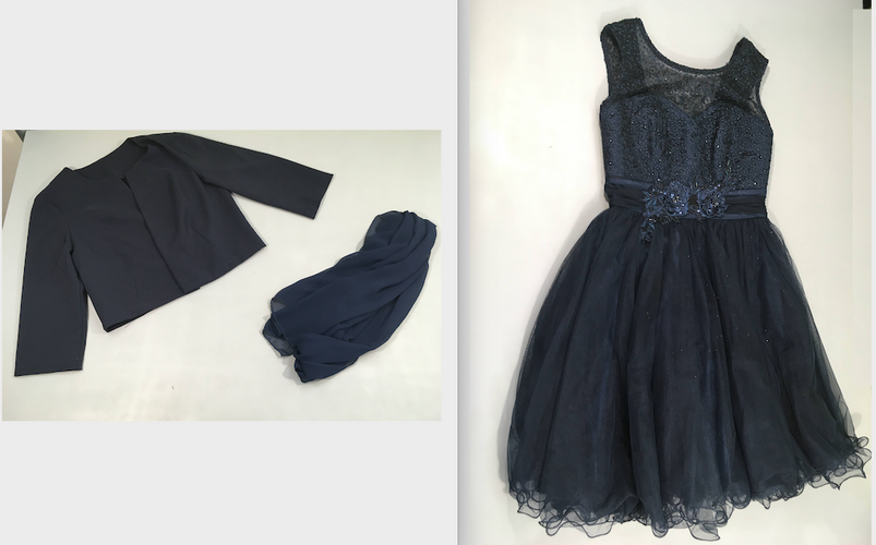 Robe de cérémonie s.m bleu foncé dentelle bas tulle + veste courte + châle voile bleu foncé, moins cher chez Petit Kiwi