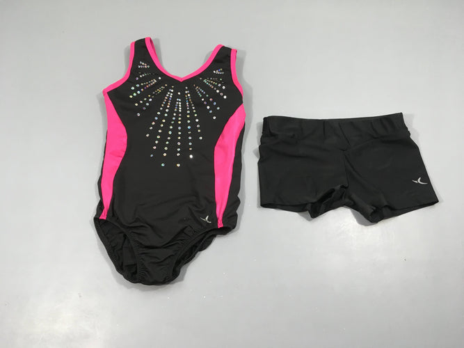 Maillot de gymnastique noir/rose sequins + short, moins cher chez Petit Kiwi