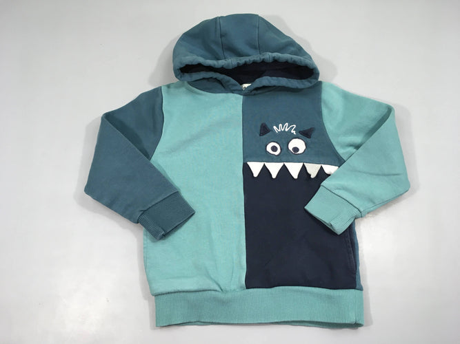 Sweat vert/bleu à capuche monstre, 80% coton 20% polyester, moins cher chez Petit Kiwi