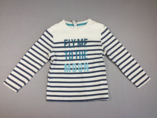 T-shirt m.l blanc ligné bleu marine FLY ME TO THE MOON, moins cher chez Petit Kiwi