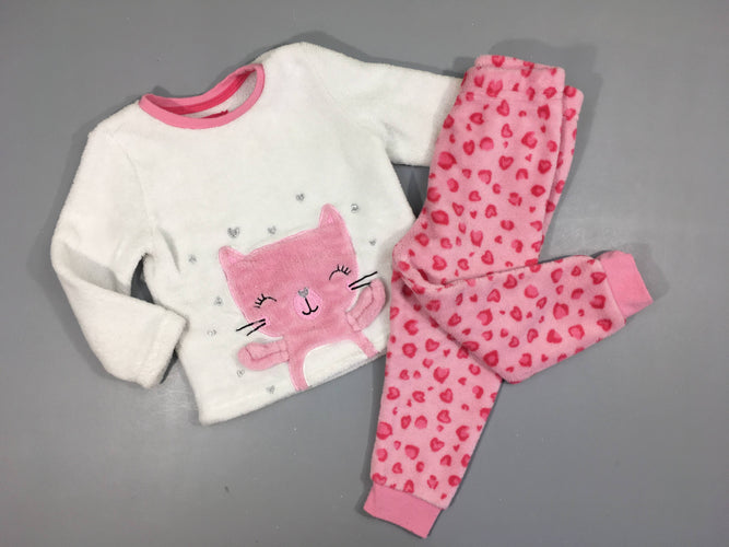 Pyjama 2pcs velours blanc/rose chat, moins cher chez Petit Kiwi