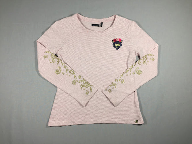 T-shirt m.l blanc ligné rose - motifs dorés sur les manches, moins cher chez Petit Kiwi