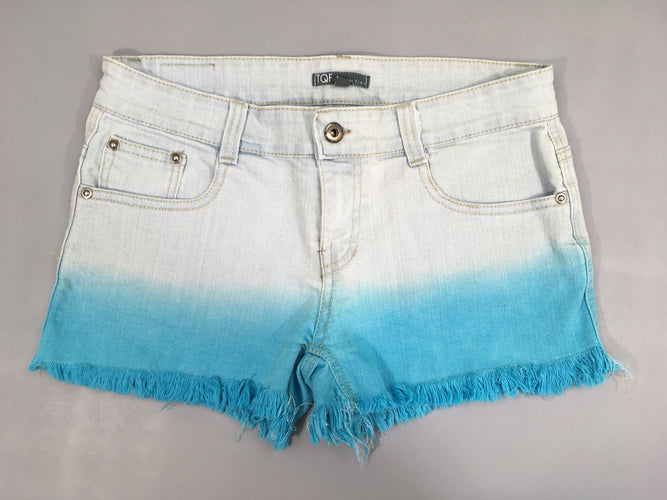 Short en jean clair effet délavé turquoise effet effiloché, taille M, moins cher chez Petit Kiwi