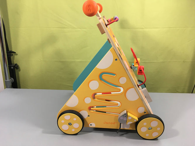 Chariot de marche multi-activités en bois chat orange, 3 formes, moins cher chez Petit Kiwi