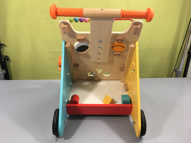 Chariot de marche multi-activités en bois chat orange, 3 formes, moins cher chez Petit Kiwi