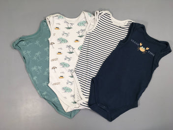 Lot de 4 bodies s.m bleu crabe/bleu rayé/blanc motifs plage/vert palmiers