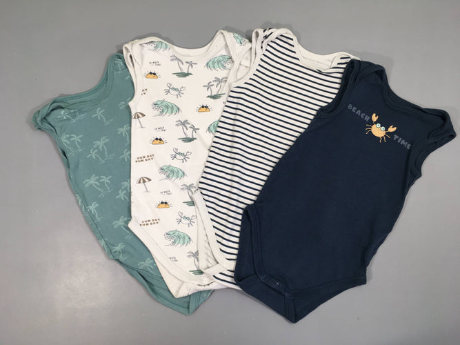 Lot de 4 bodies s.m bleu crabe/bleu rayé/blanc motifs plage/vert palmiers, moins cher chez Petit Kiwi