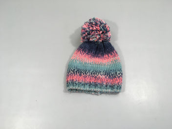 Bonnet mailles bleu-rose pompon doublé polar