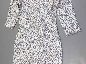 Robe manches 3/4 blanche fleurie bleu laçage au dos