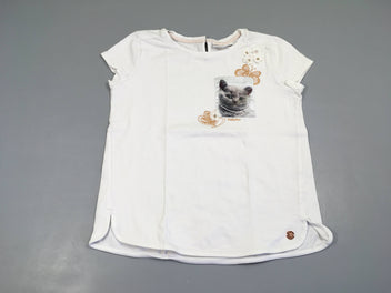 T-shirt m.c blanc poche chat fleurs tulle strass