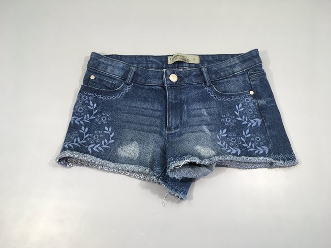 Short en jean effet effiloché broderies, moins cher chez Petit Kiwi