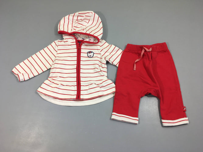 Sweat zippé blanc rayé rouge à capuche + pantalon rouge, moins cher chez Petit Kiwi