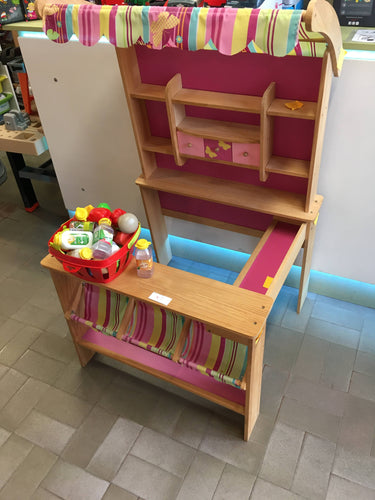 Petit magasin en bois, textile rayé multicolore + lot d'accessoires, moins cher chez Petit Kiwi