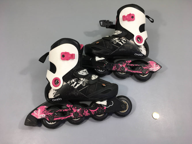 Rollers noir/blanc/rose play 5 Oxelo, réglables en taille 34au 36, moins cher chez Petit Kiwi