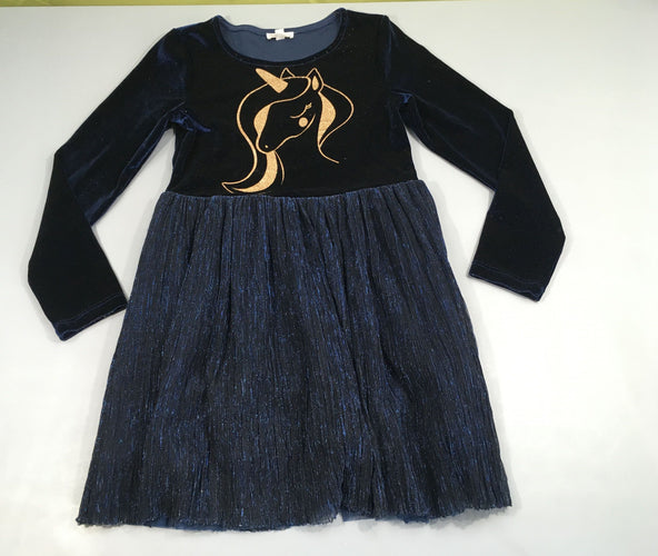 Robe m.l velours bleu foncé licorne tulle, moins cher chez Petit Kiwi