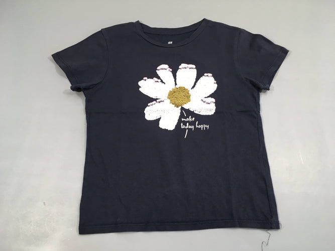 T-shirt m.c bleu marine fleurs sequins réversibles, moins cher chez Petit Kiwi