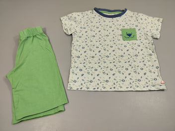 Pyjama 2pcs dessus blanc motifs animaux vert et bleu , poche verte . Dessous vert  avec petites taches 100% coton