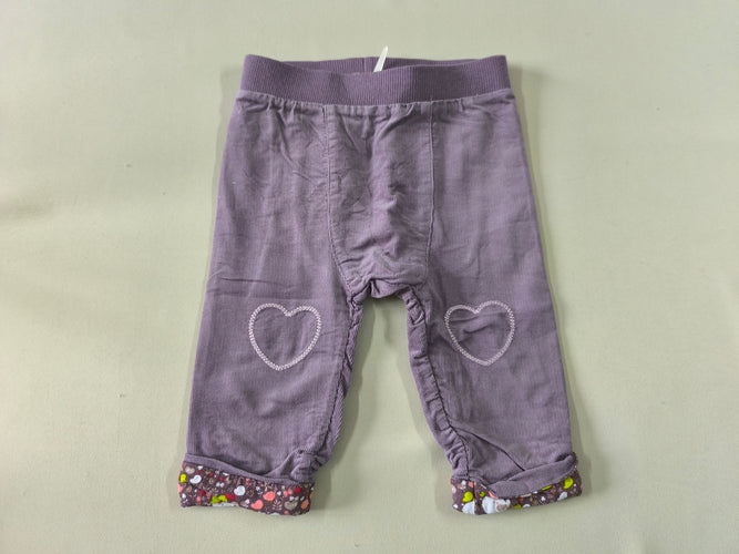 Pantalon velours côtelé mauve clair coeurs taille élastique doublé jersey, moins cher chez Petit Kiwi