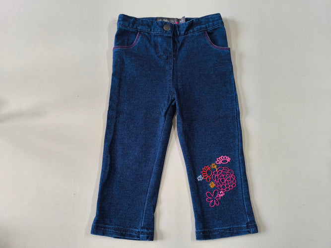 Jegging molleton bleu broderie fleur, moins cher chez Petit Kiwi