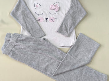 Pyjama 2pcs velours blanc/gris chat noeud rose