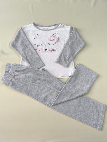 Pyjama 2pcs velours blanc/gris chat noeud rose, moins cher chez Petit Kiwi