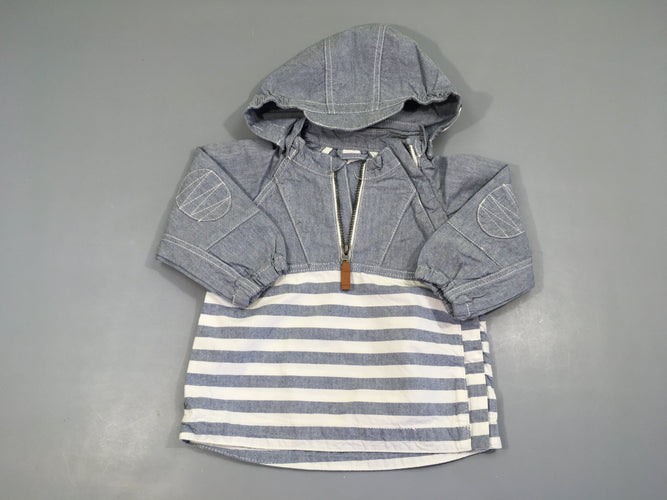 Veste légère à capuche à enfiler denim/rayé blanc bleu, moins cher chez Petit Kiwi