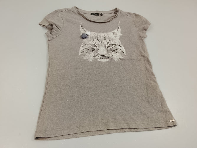 T-shirt m.c gris flammé , tête de lynx, petits strass noirs. Légèrement bouloché, moins cher chez Petit Kiwi