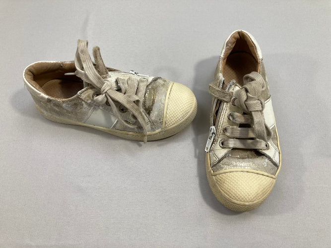 Chaussures Lunella blanches ecru, motifs dorés  à lacets, tirettes sur le côté-29, moins cher chez Petit Kiwi