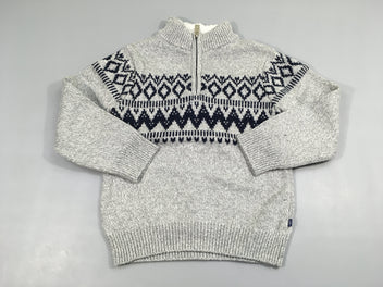 Pull mailles gris motifs bleu col camioneur zippé Laine?