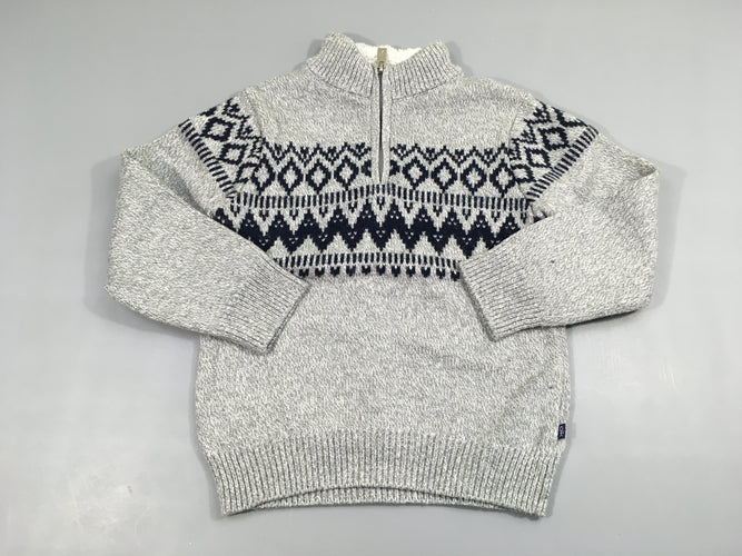 Pull mailles gris motifs bleu col camioneur zippé Laine?, moins cher chez Petit Kiwi