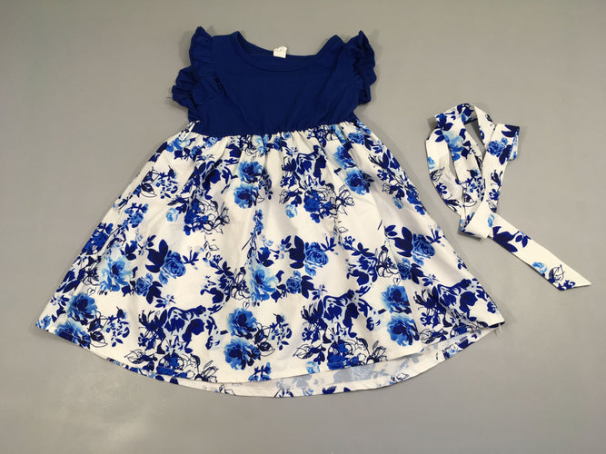 Robe m.c bi-matière bleue-blanc fleuri + Ceinture, moins cher chez Petit Kiwi