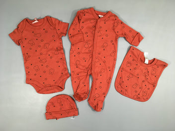 Neuf-Pyjama jersey brique Miffy + Body m.l + Bavoir + Bonnet jersey